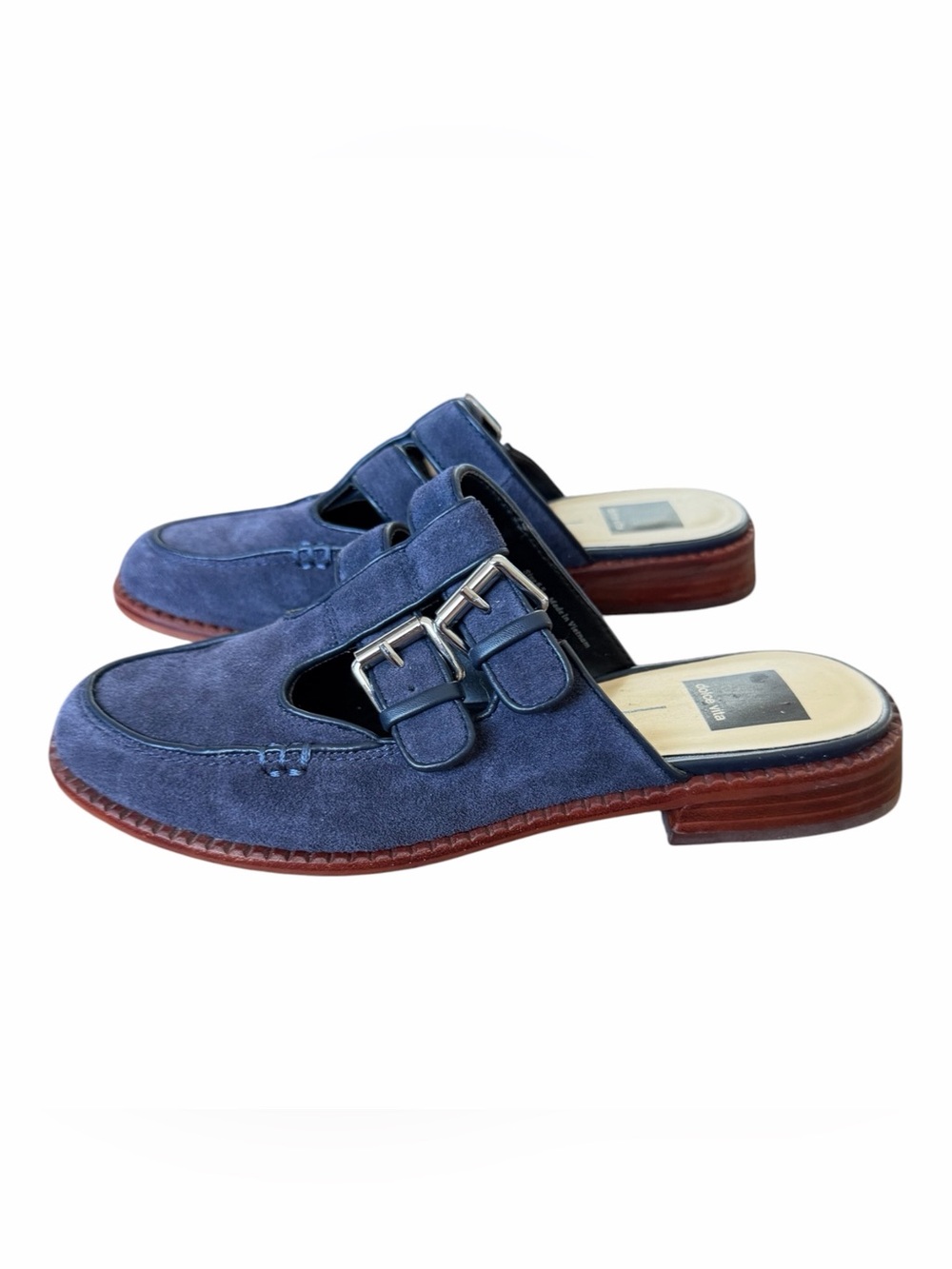 Dolce Vita Blue Suede Double-Buckle Backless Loafers